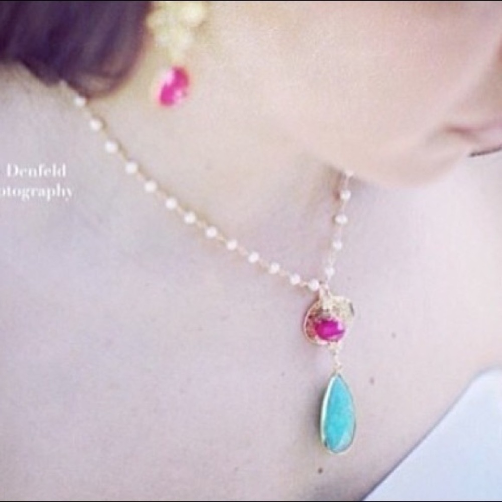Pearl statement necklace with gold dipped leaf and semi precious stones